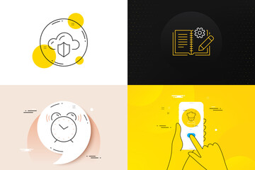 Minimal set of Cooking chef, Engineering documentation and Alarm clock line icons. Phone screen, Quote banners. Cloud protection icons. For web development. Sous-chef, Manual, Time. Vector
