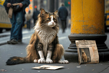 sad tramp cat in the city street begging for money illustration generative ai - obrazy, fototapety, plakaty