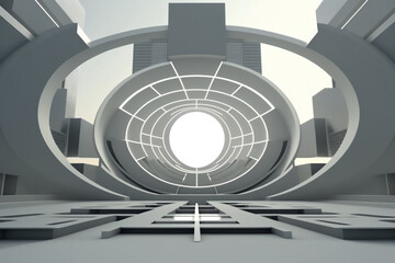 Abstract white futuristic building interior stage. 3d rendering.