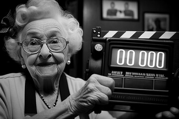 Movie actress audition portrait with clapperboard, elderly caucasian woman smiling looking at camera, black and white. Generative AI - obrazy, fototapety, plakaty