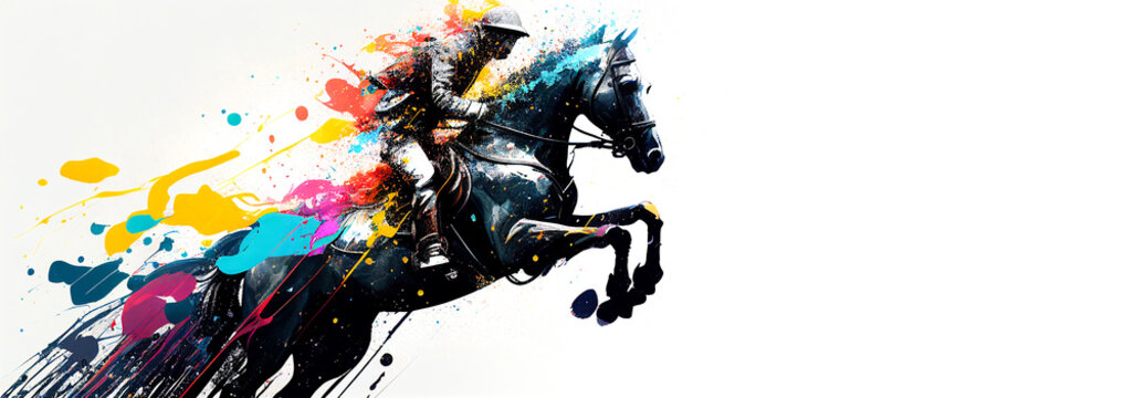 Equestrian sport horse jump colorful splash horizontal banner on white background copy space. Generative AI illustration