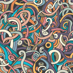 Outlined Doodles With Colourful Waves Vector Background.