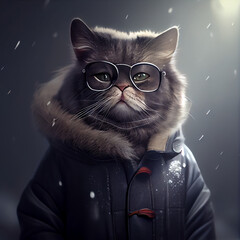 chic cat charisma wearing coat, wearing sunglasses, funny, fashion, pic as wallpaper, poster, t shirt and others