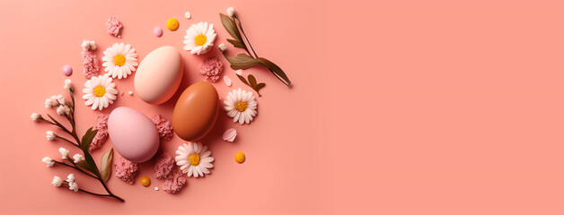 Easter eggs graphic background, eggs and flowers decoration on pink horizontal copy space. generative ai illustration