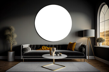 Mockup round circle frame living room home interior design black color elegant couch. Generative AI