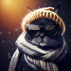 chic cat charisma wearing coat, wearing sunglasses, funny, fashion, pic as wallpaper, poster, t shirt and others