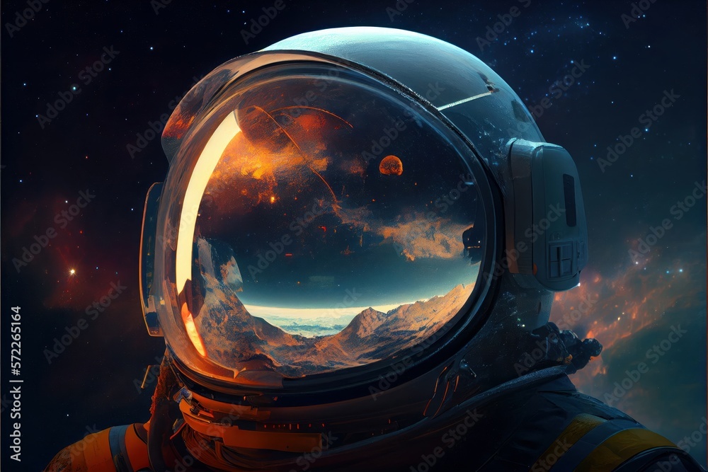 Wall mural abstract portrait of cosmonaut that is in the space suit. reflection of the mars planet in the helme