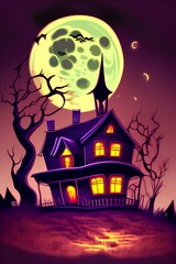 Cartoon haunted old house with the moon in background. Vetor illustration isolated - generative ai