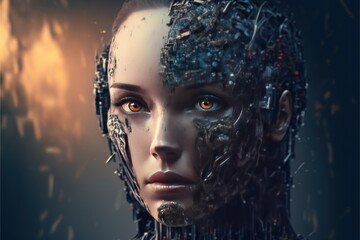 Abstract portrait of cyber robot woman. Generative AI