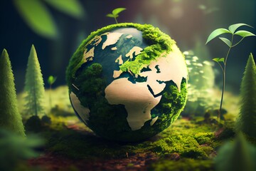 Obraz na płótnie Canvas Earth Ecological Green Energy Icons Concept Moss in Forrest Background 3D Render. Generative AI