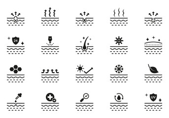 Dermatology Medical Skin Care Glyph Pictogram Set. Skincare Beauty Silhouette Icon. Facial Clean Moisture, UV Sunscreen Protect Black Icon. Isolated Vector Illustration
