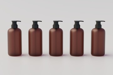 Amber Glass Pump Multiple Bottles Mock-Up, Liquid Soap, Shampoo Dispenser. 3D Illustration