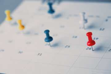 Embroidered red pins on a calendar event Planner calendar,clock to set timetable organize...