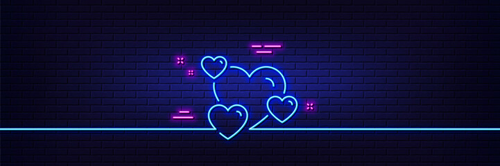 Neon light glow effect. Hearts line icon. Favorite like sign. Positive feedback symbol. 3d line neon glow icon. Brick wall banner. Heart outline. Vector
