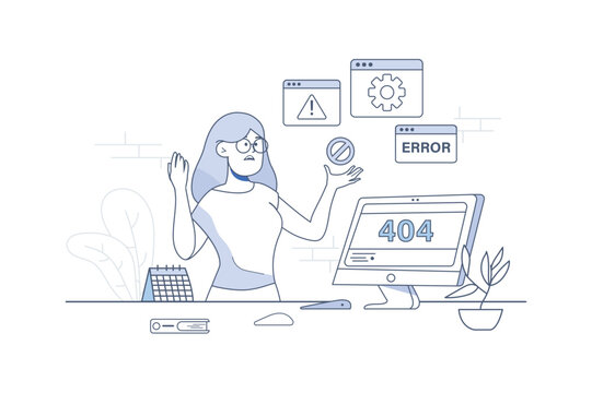 404 not found line concept with people scene in the flat cartoon design. Girl tries to avoid problems with settings that may arise during work. Vector illustration.