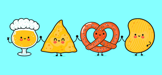 Cute, funny happy glass of beer, nachos, chips, pretzel. Vector hand drawn cartoon kawaii characters, illustration icon. Funny cartoon glass of beer, nachos pretzel chips mascot friends concept