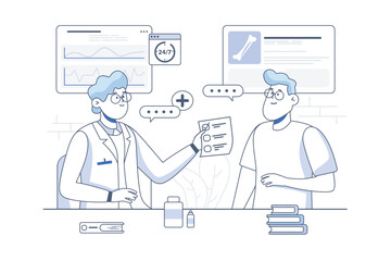 Line concept medical with people scene in the flat cartoon style. Doctor talks to the patient about his illness and the drugs needed for treatment. Vector illustration.