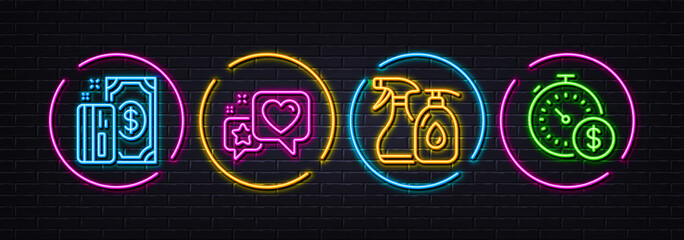 Heart, Cleaning liquids and Payment minimal line icons. Neon laser 3d lights. Last minute icons. For web, application, printing. Star rating, Antiseptic soap, Cash money. Buying timer. Vector