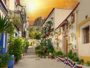 Fototapeta premium Street and stairway with beautiful houses and flower in the old city of Alicante on a sunny day