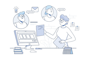 Naklejka na ściany i meble Video conference line concept with people scene in the flat cartoon style. Supervisor gives tasks to employees during a video conference. Vector illustration.