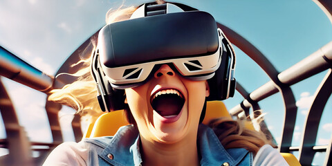 Woman used Virtual reality helmet VR. She see Roller-coaster park. Generative AI. - obrazy, fototapety, plakaty