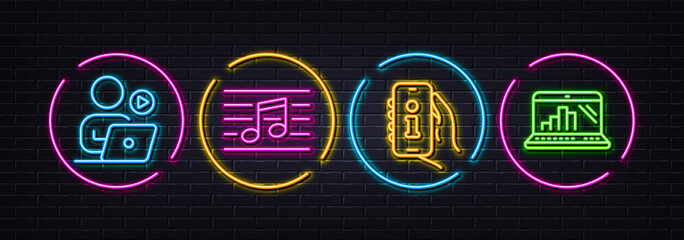 Support, Musical note and Video conference minimal line icons. Neon laser 3d lights. Graph laptop icons. For web, application, printing. Phone info, Music, Start presentation. Mobile report. Vector