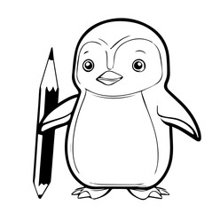 Cartoon penguin with a pencil in hand in black and white style for coloring. Vector illustration