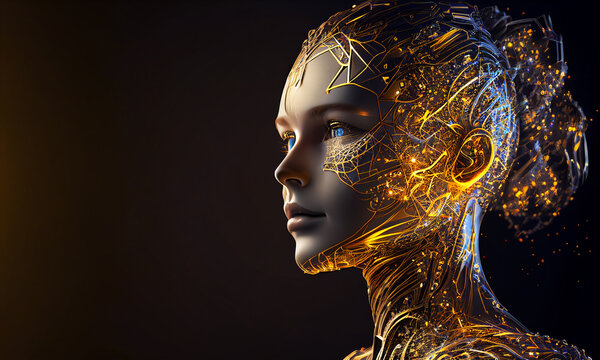 A humanoid cyber girl on luxury background with a neural network thinks. Gold robot woman or humanoid cyber girl. Artificial intelligence with a digital brain is learning to process big data. Generati
