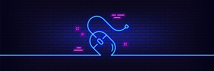 Neon light glow effect. Mouse line icon. Computer component device sign. 3d line neon glow icon. Brick wall banner. Computer mouse outline. Vector