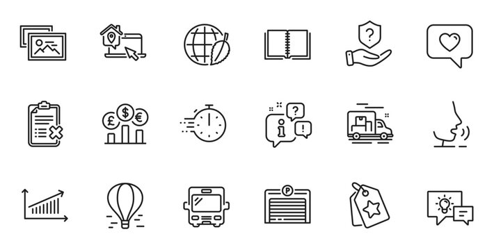 Outline set of Currency rate, Bus and Cooking timer line icons for web application. Talk, information, delivery truck outline icon. Include Reject checklist, Air balloon, Parking garage icons. Vector