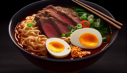A bowl of beef ramen with noodles, eggs, meat and bean sprouts generative AI