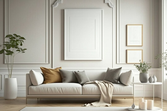 Blank Frame In Modern Interior Background, Living Room Cream Desain, Scandinavian Style, 3D Render, 3D Illustration. Generative AI.