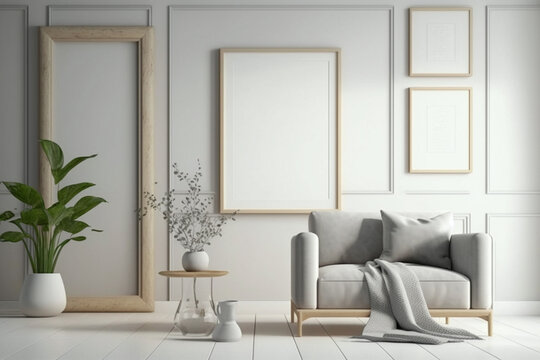 Blank Frame In Modern Interior Background, Living Room Cream Desain, Scandinavian Style, 3D Render, 3D Illustration. Generative AI.