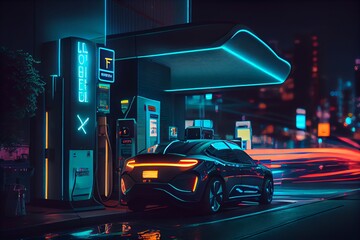 Electric car charging at a gas station in the city, green energy of the future, neon illuminated signs in the city and cars. Eco concept. Generative AI