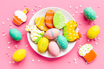 Easter Bunny cookies with eggs top view. Happy Easter background
