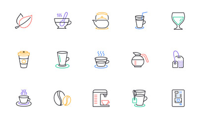 Coffee and Tea line icons. Cappuccino, Teapot and Coffeepot. Coffee beans linear icon set. Bicolor outline web elements. Vector