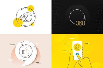 Minimal set of 360 degrees, Refresh like and Fingerprint line icons. Phone screen, Quote banners. Dishwasher timer icons. For web development. Full rotation, Thumbs up counter, Biometric scan. Vector