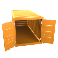 3D design of cargo containers for storage transportation illustration. 3D design of an orange colored cargo with open doors