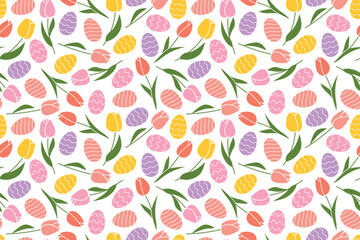 Easter seamless pattern with colorful eggs and tulip flowers - vector illustration