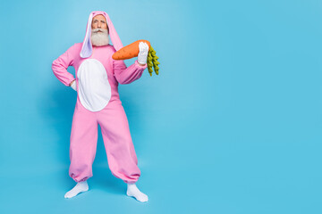 Full length photo of cool serious pensioner guy dressed bunny kigurumi holding carrot empty space isolated blue color background
