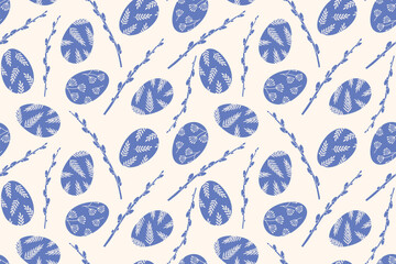 blue spring, Easter seamless pattern with catkins willow branches and eggs with floral patterns- vector illustration