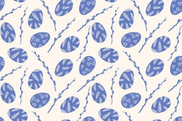 blue spring, Easter seamless pattern with catkins willow branches and eggs with floral patterns- vector illustration