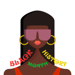 Black history month square banner with stylized afro American woman face isolated on white background. Black history month poster, flyer, background with pretty african modern girl with sunglasses