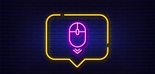 Neon light speech bubble. Scroll down mouse line icon. Scrolling screen sign. Swipe page. Neon light background. Scroll down glow line. Brick wall banner. Vector