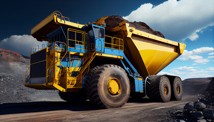 Obraz na płótnie Canvas Large quarry dump truck in coal mine. Mining equipment for the transportation of minerals.