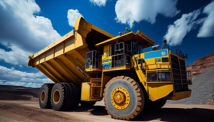Fototapeta na wymiar Large quarry dump truck in coal mine. Mining equipment for the transportation of minerals.
