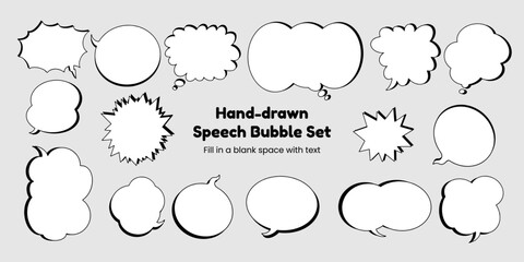 Set of simple, hand-drawn speech bubbles or balloons, including dialogue, comic text, and word balloons. Vector illustrations.