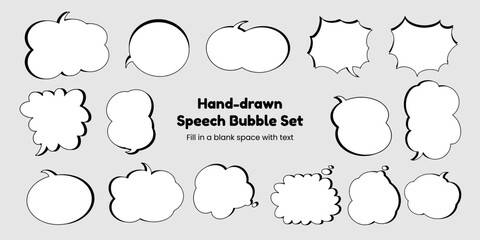 Set of simple, hand-drawn speech bubbles or balloons, including dialogue, comic text, and word balloons. Vector illustrations.