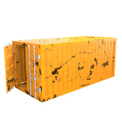 3D design of cargo containers for storage transportation illustration. 3D design of an orange colored scratched cargo with open and closed doors