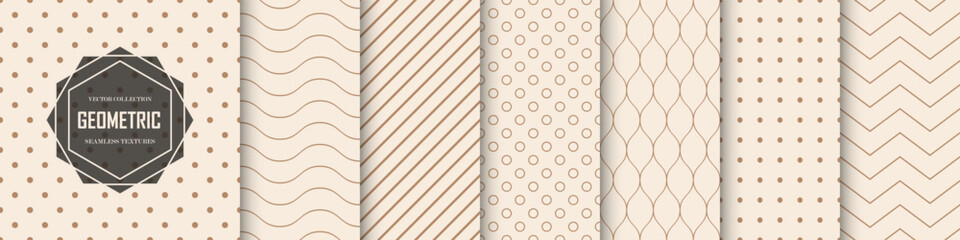 Collection of seamless geometric beige patterns. Vector minimalistic repeatable dotted and striped backgrounds. Textile endless prints.